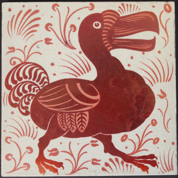 William de Morgan, A rare and large William De Morgan Dodo ruby lustre tile