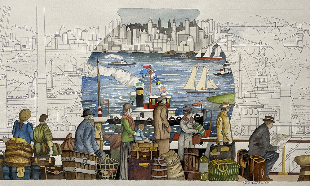 Coming to America Watercolor-by-P.-Hilditch